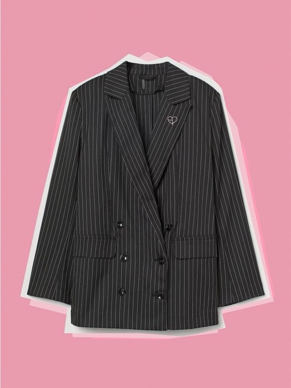 BlackPink stripe Double-Breasted Blazer with Heart Pin